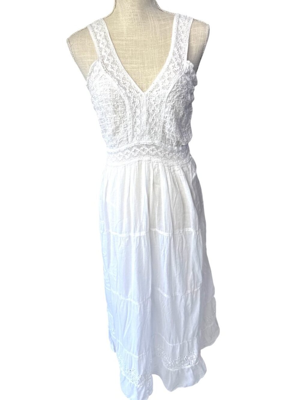S.R. Fashion White Boho Cotton Summer Sundress W/Lace Details/Smocked Bodice XL